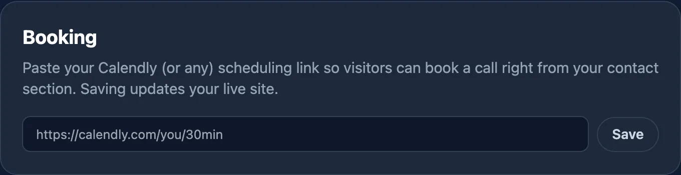 The Booking panel in the SiteNeuro dashboard, where the owner pastes a scheduling link