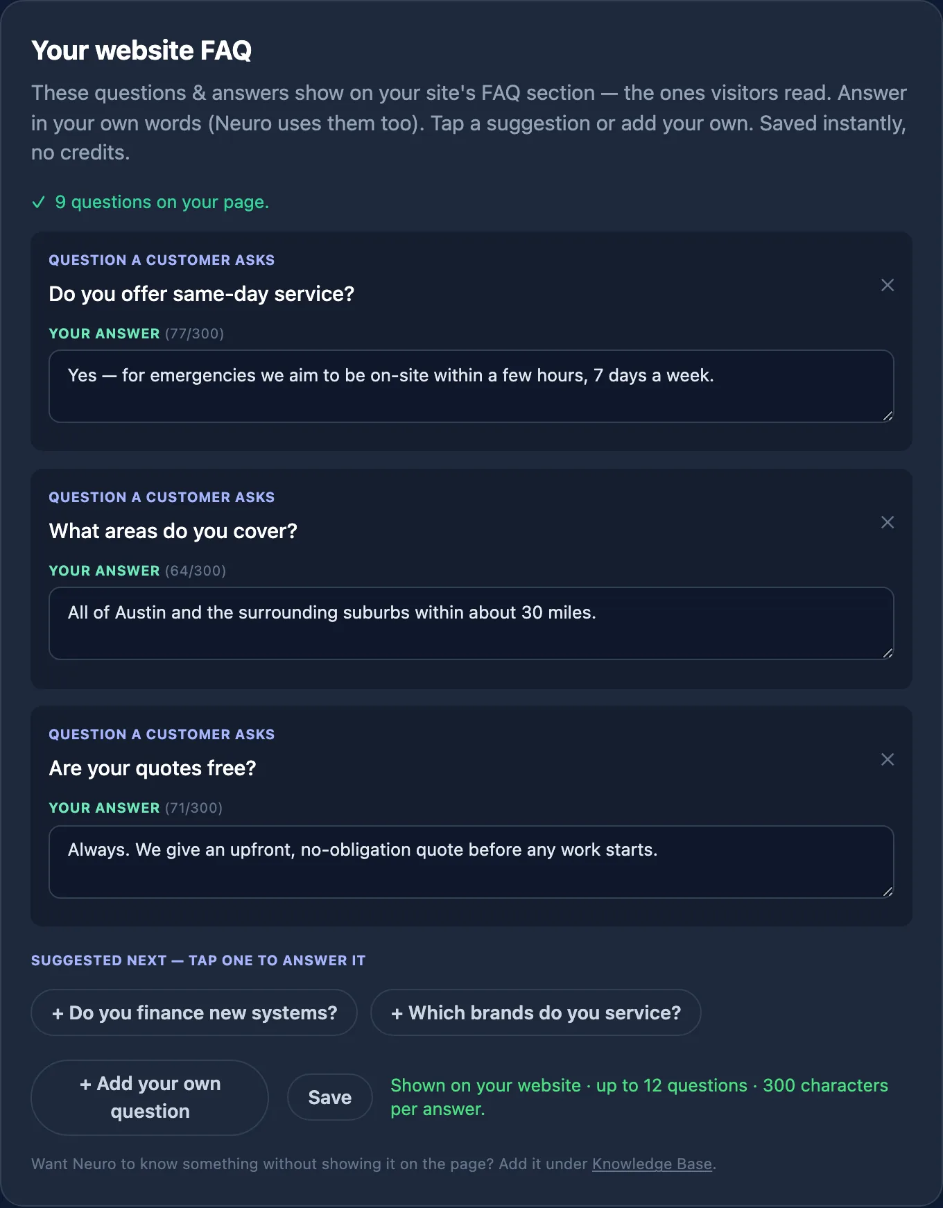 The FAQ editor, showing questions that appear on the live site