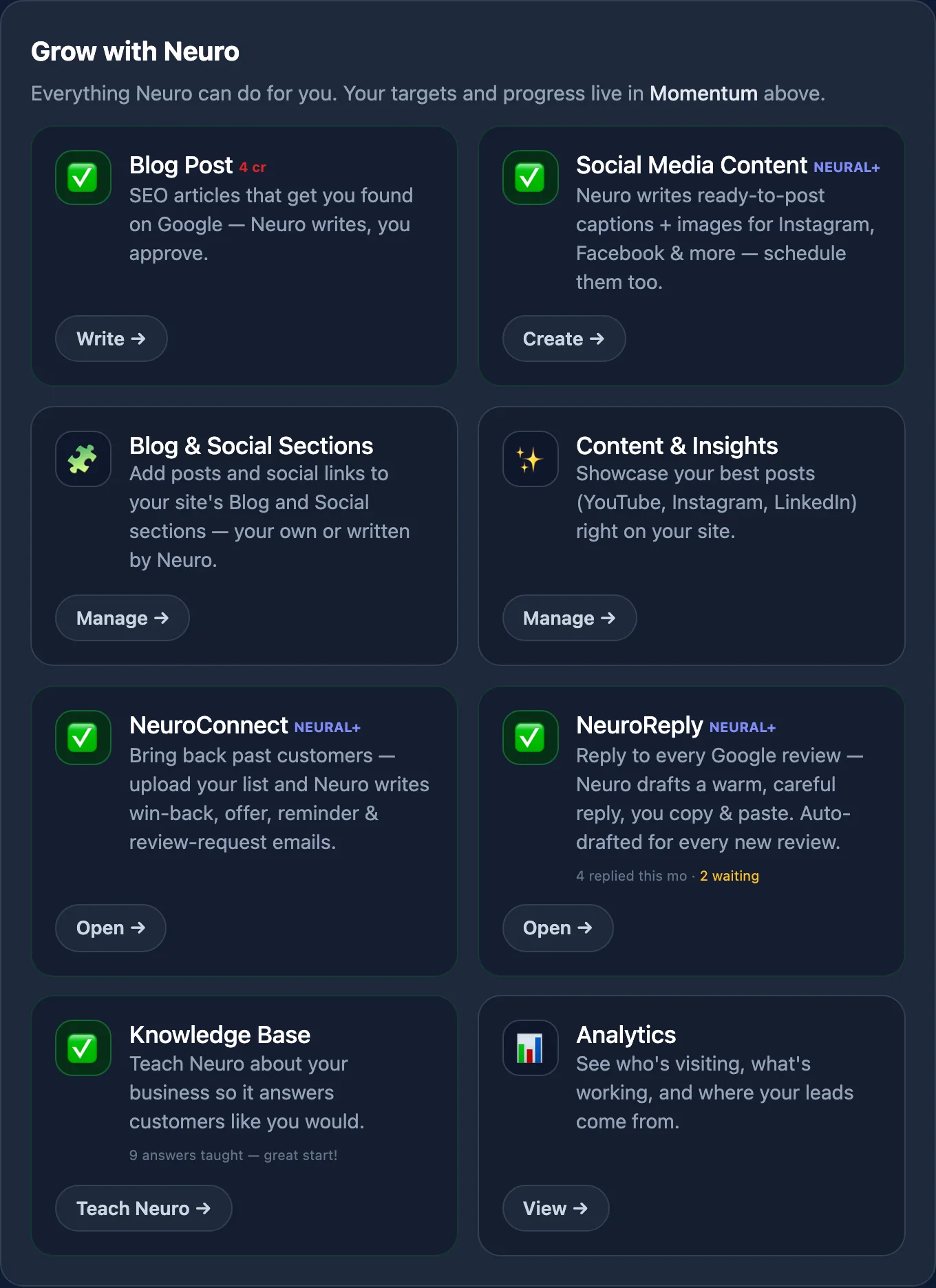 The Grow with Neuro panel listing blog posts, social content, NeuroConnect, NeuroReply and the Knowledge Base