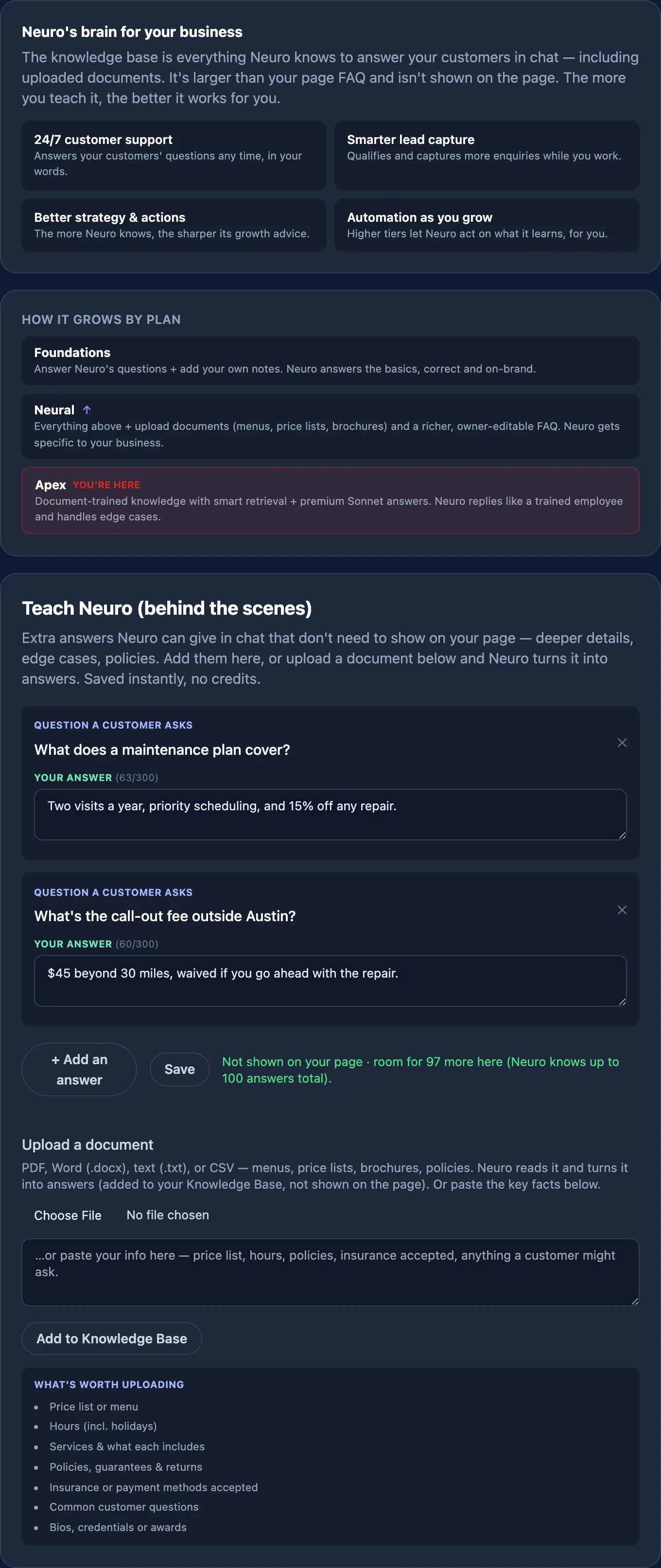 The Knowledge Base tab explaining what Neuro knows and how it grows by plan