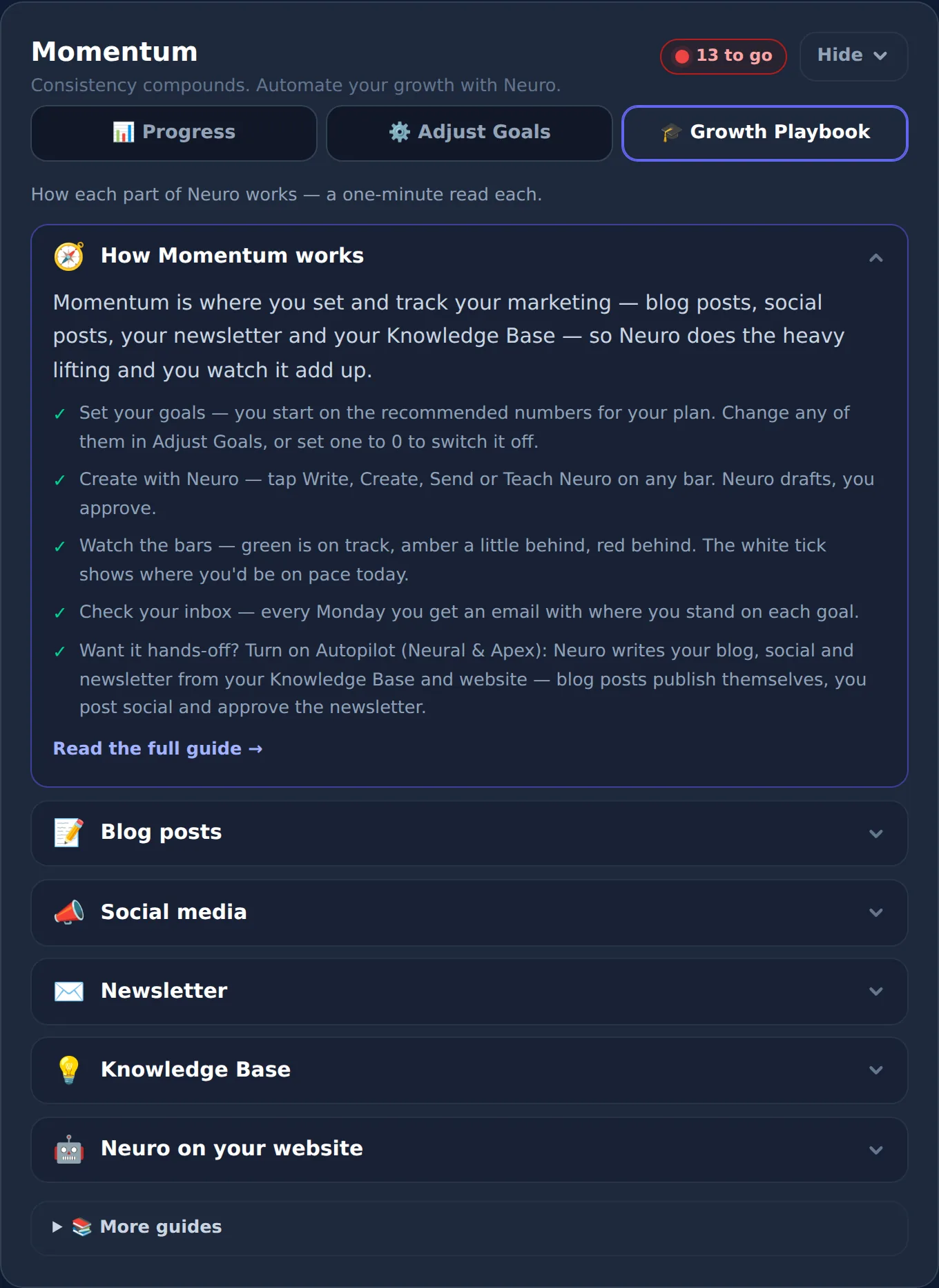 Momentum's Growth Playbook tab: short sections on how Momentum works, blog posts, social media, the newsletter, the Knowledge Base and Neuro on your website
