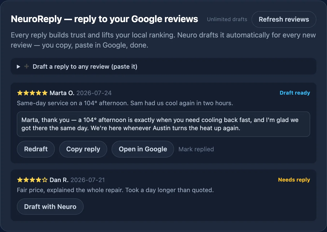 The NeuroReply panel showing a drafted reply to a five-star Google review