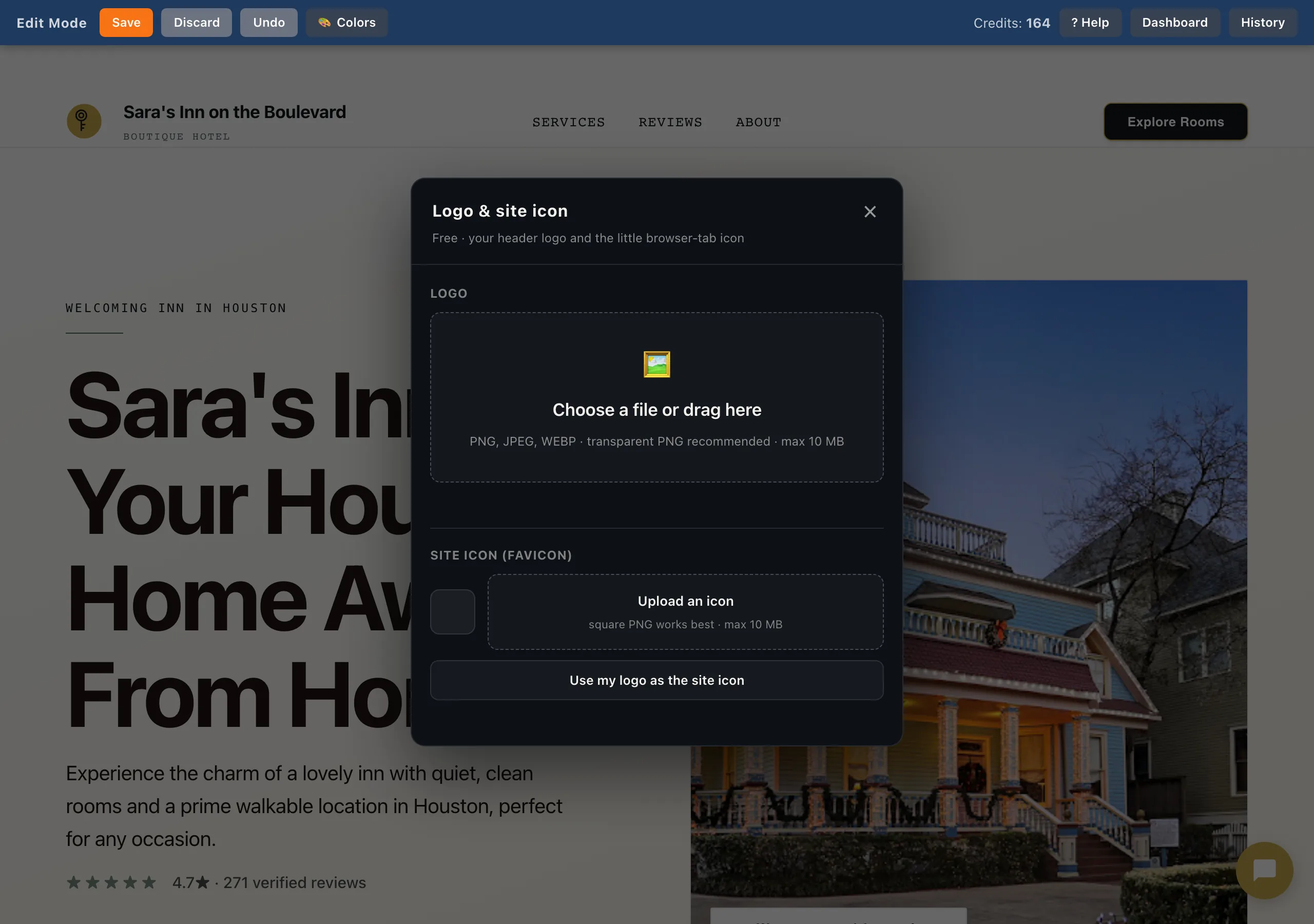 The Logo and site icon panel in owner edit mode, with drag-and-drop upload for the logo and favicon