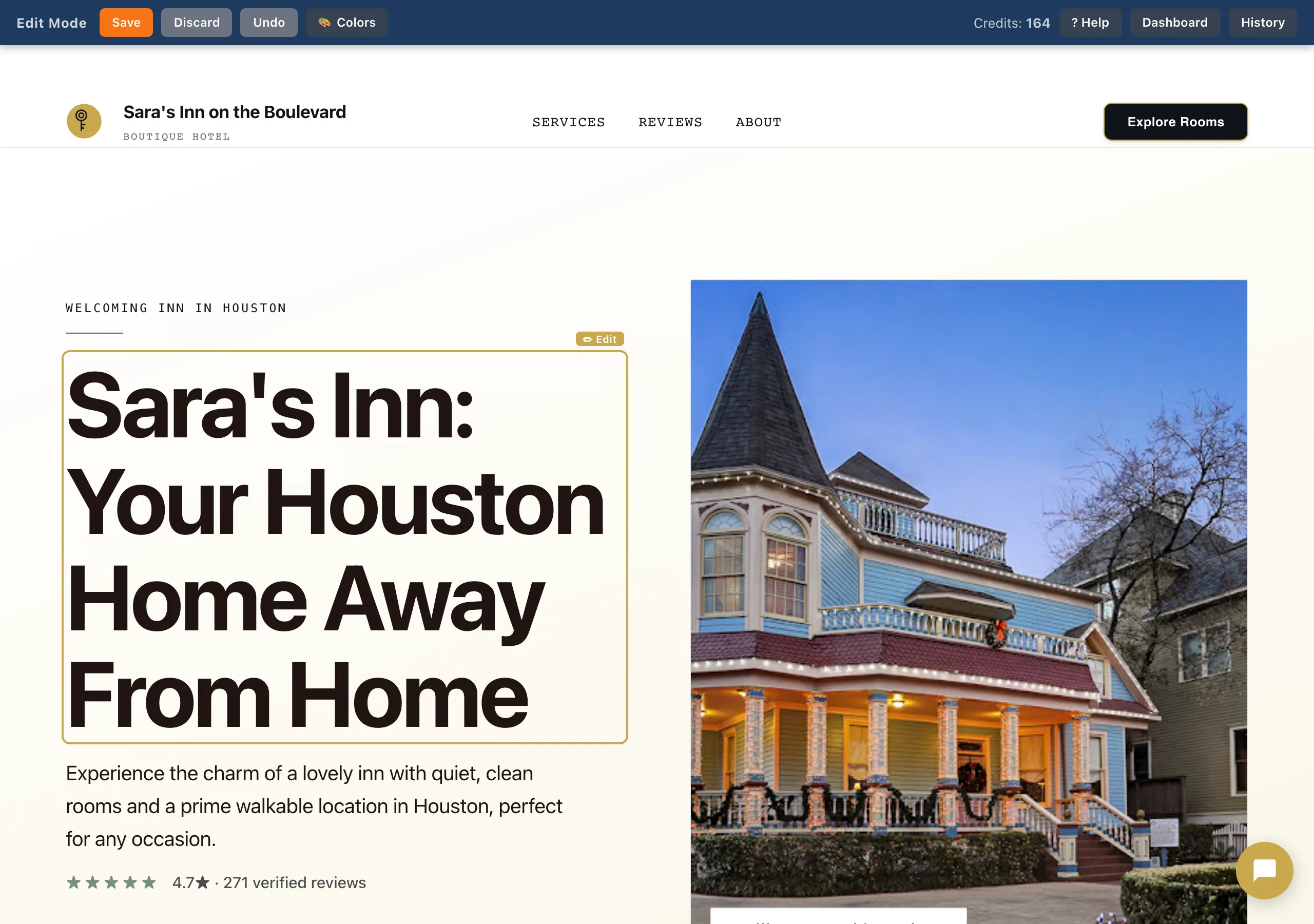 Owner edit mode on a live SiteNeuro site, with the toolbar and an Edit badge on the headline