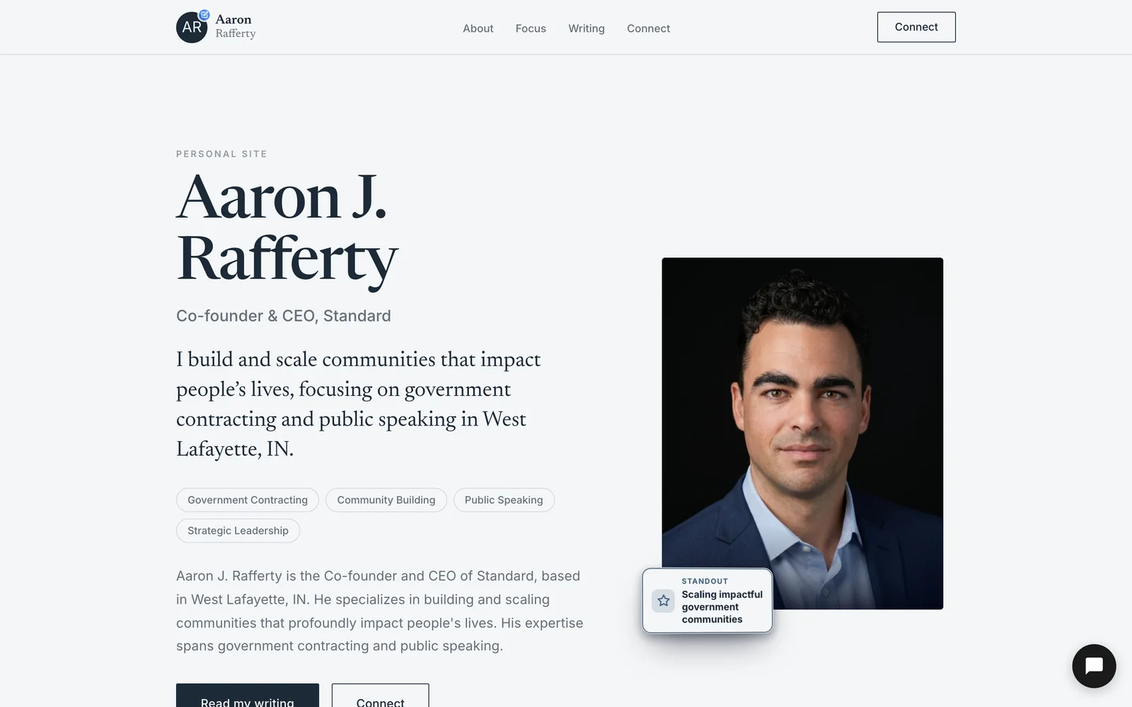 A founder's personal home base Neuro built — an editorial page labeled "Personal Site" with their name, focus, writing, and a quiet "Connect" — owned, not rented