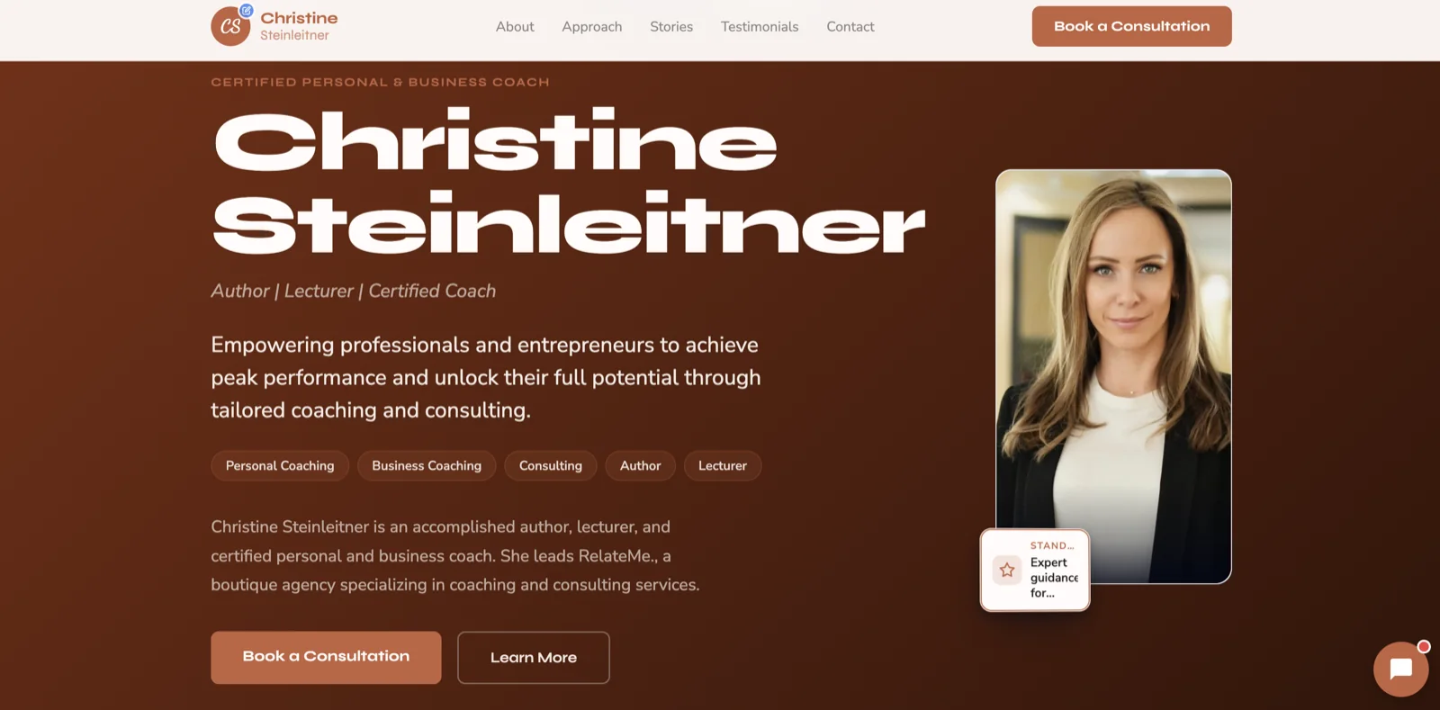 A professional's website — a certified coach's site built and run by Neuro, with headshot, services, and a "book a consultation" button