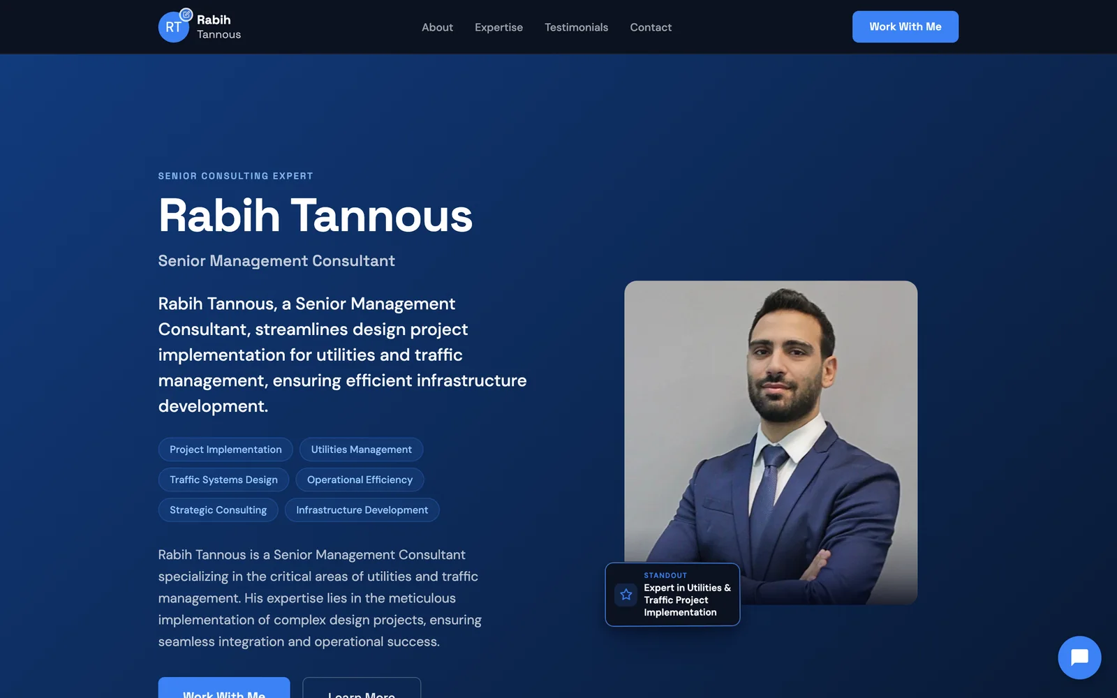 A consultant's website Neuro built — headshot, clear expertise, real credentials, and a book-a-call button, all on a page they own