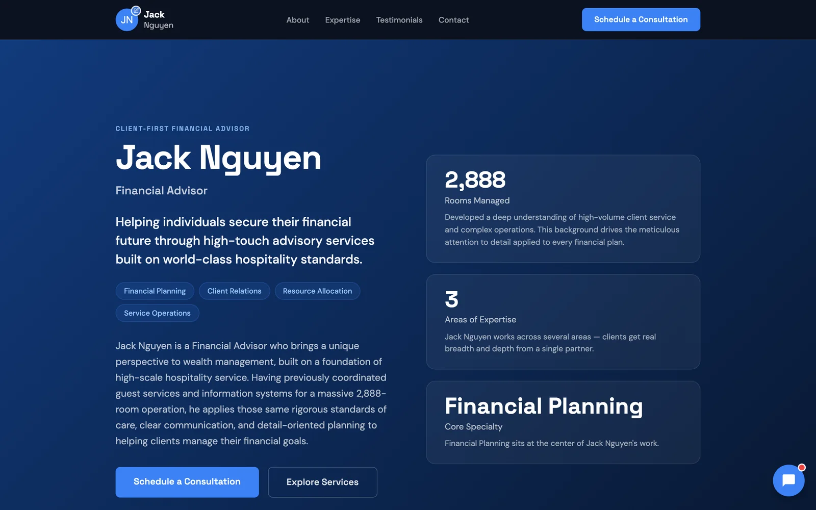 A live Neuro-built website for a financial advisor, shown in the same clean, trust-first "Professional" style Neuro uses for accounting and bookkeeping sites — not an accountant's own website