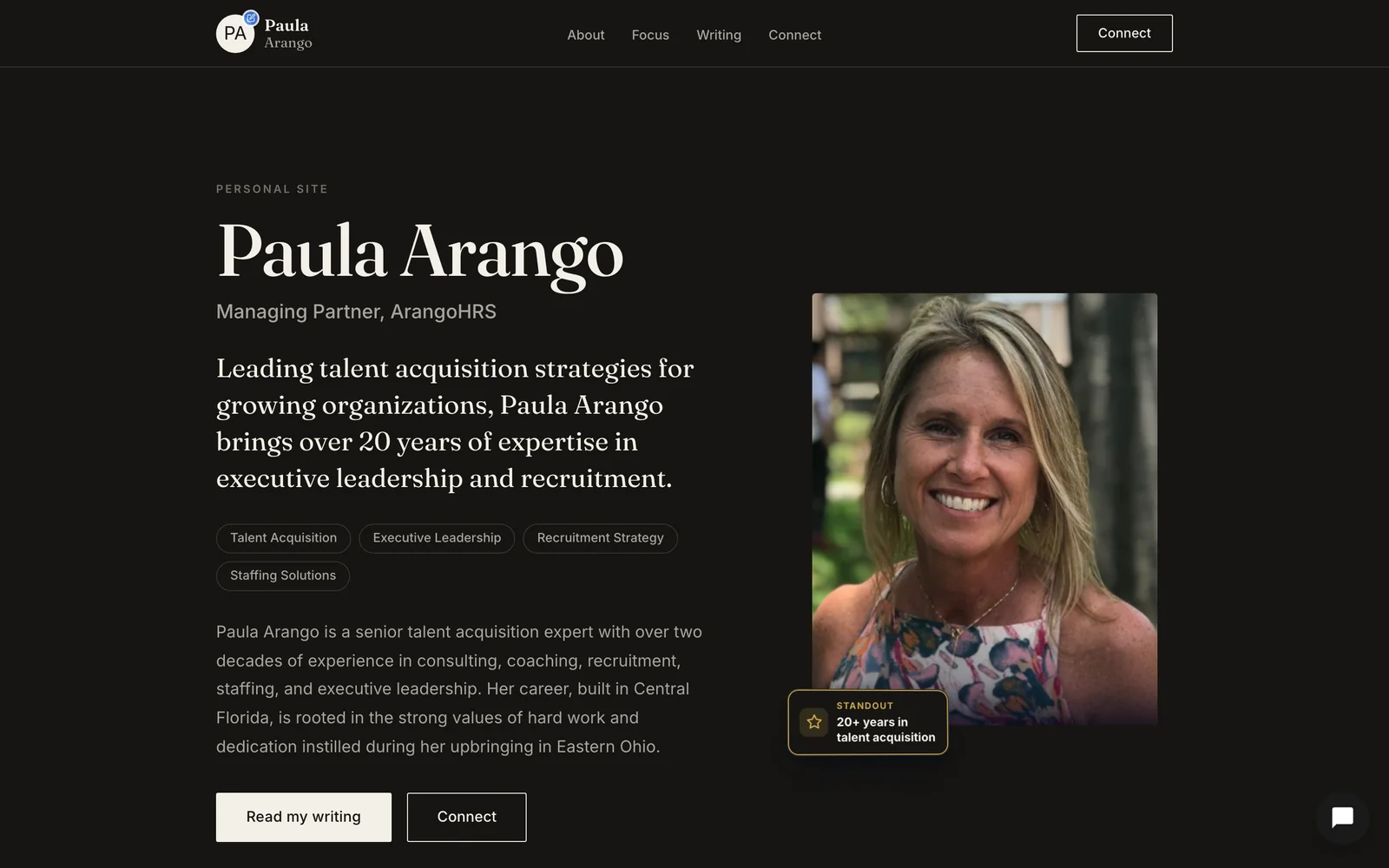 Another founder's home base Neuro built — the same editorial calm: "Personal Site," who she is, her focus, her writing, and a quiet way to connect — a page she owns