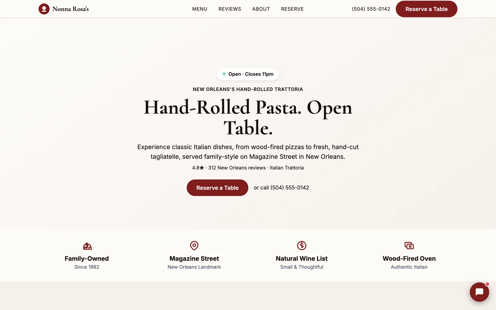 A restaurant website with a real menu, real food photos, and a reservation button front and center