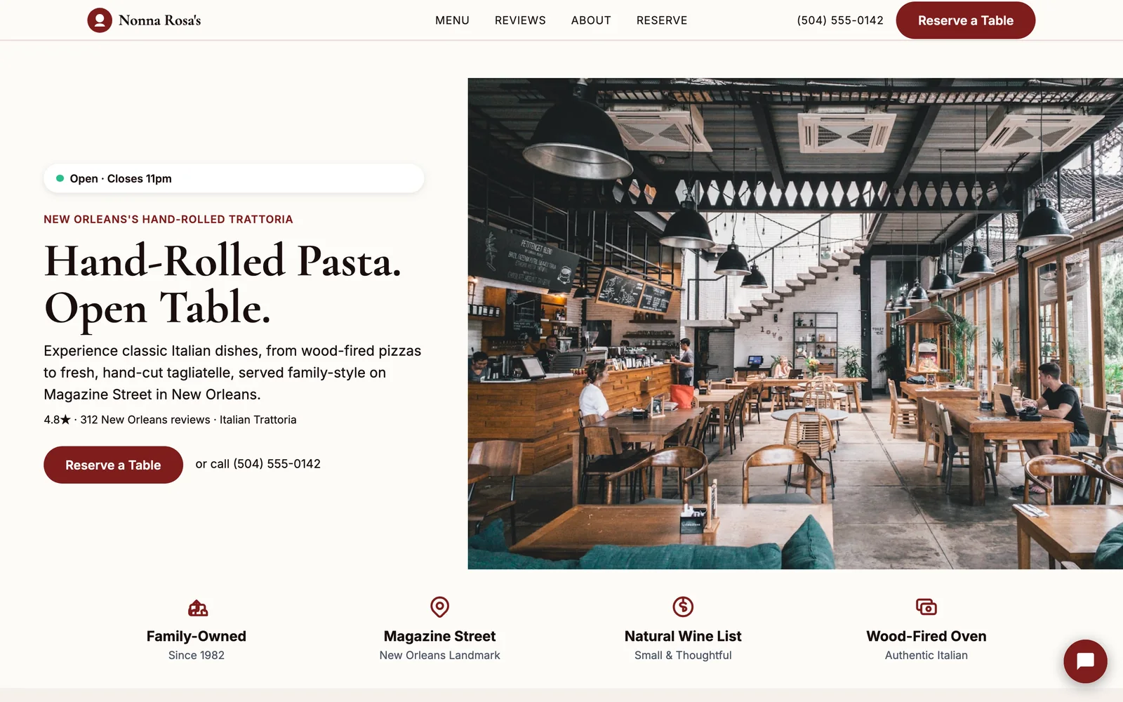 A small bakery's website, showing real photos, hours, and a location map