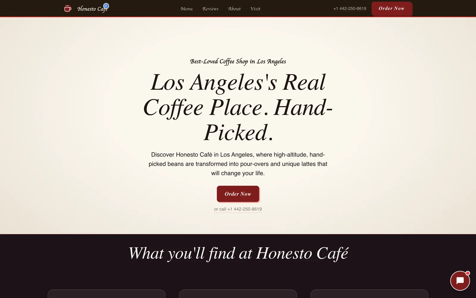 A local café website with a welcoming hero photo and a clear button to visit again
