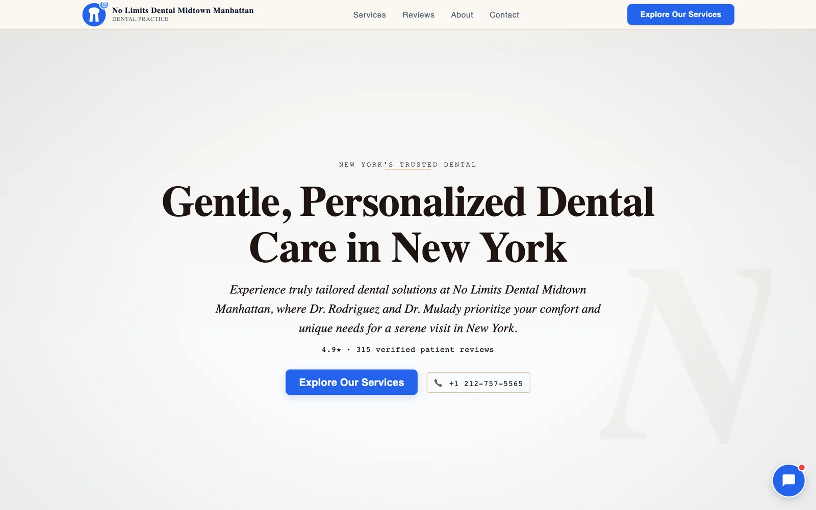 a live dental practice website Neuro built, showing services, real patient reviews, and a book-now button
