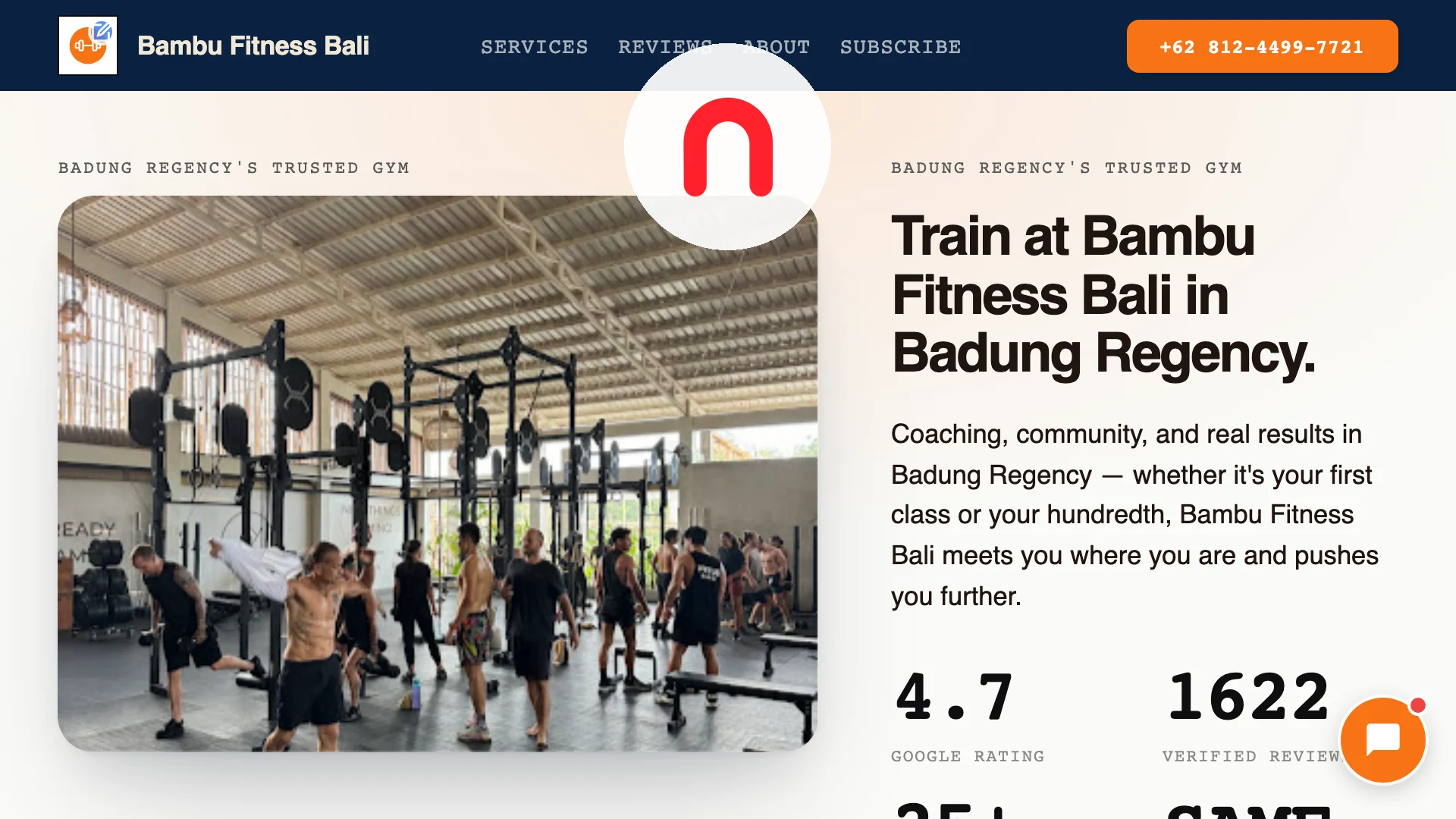 A gym website desktop view showing real classes, a visible schedule, and a free trial CTA above the fold