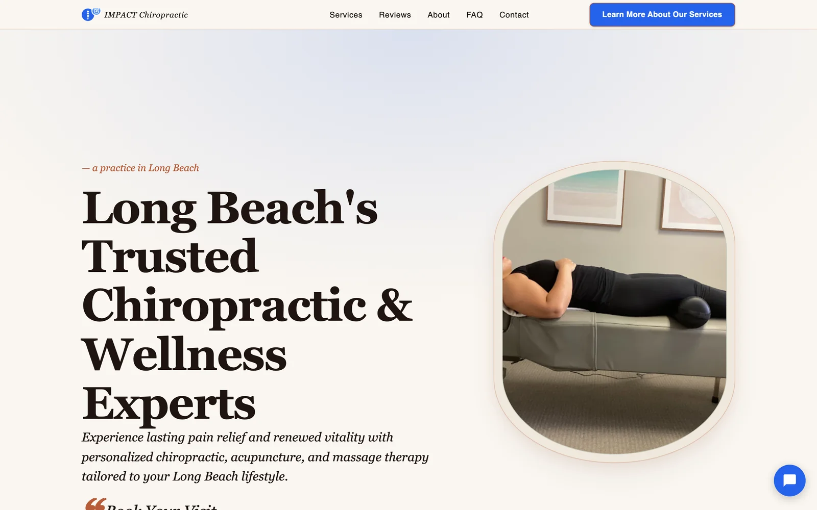 A chiropractor's office reception area, the kind of real, trust-building space that most local practice websites fail to represent well online