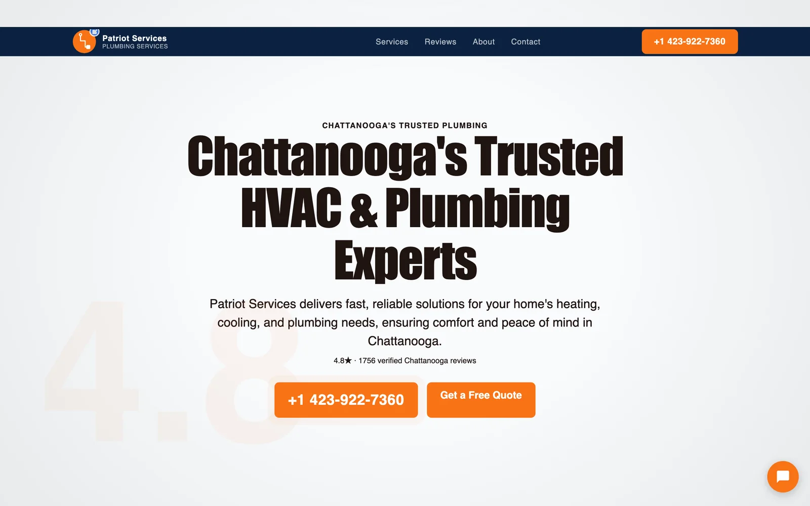 Patriot Services — a live HVAC and plumbing website Neuro built, showing a 4.8-star rating, 1,700+ reviews, and call and quote buttons