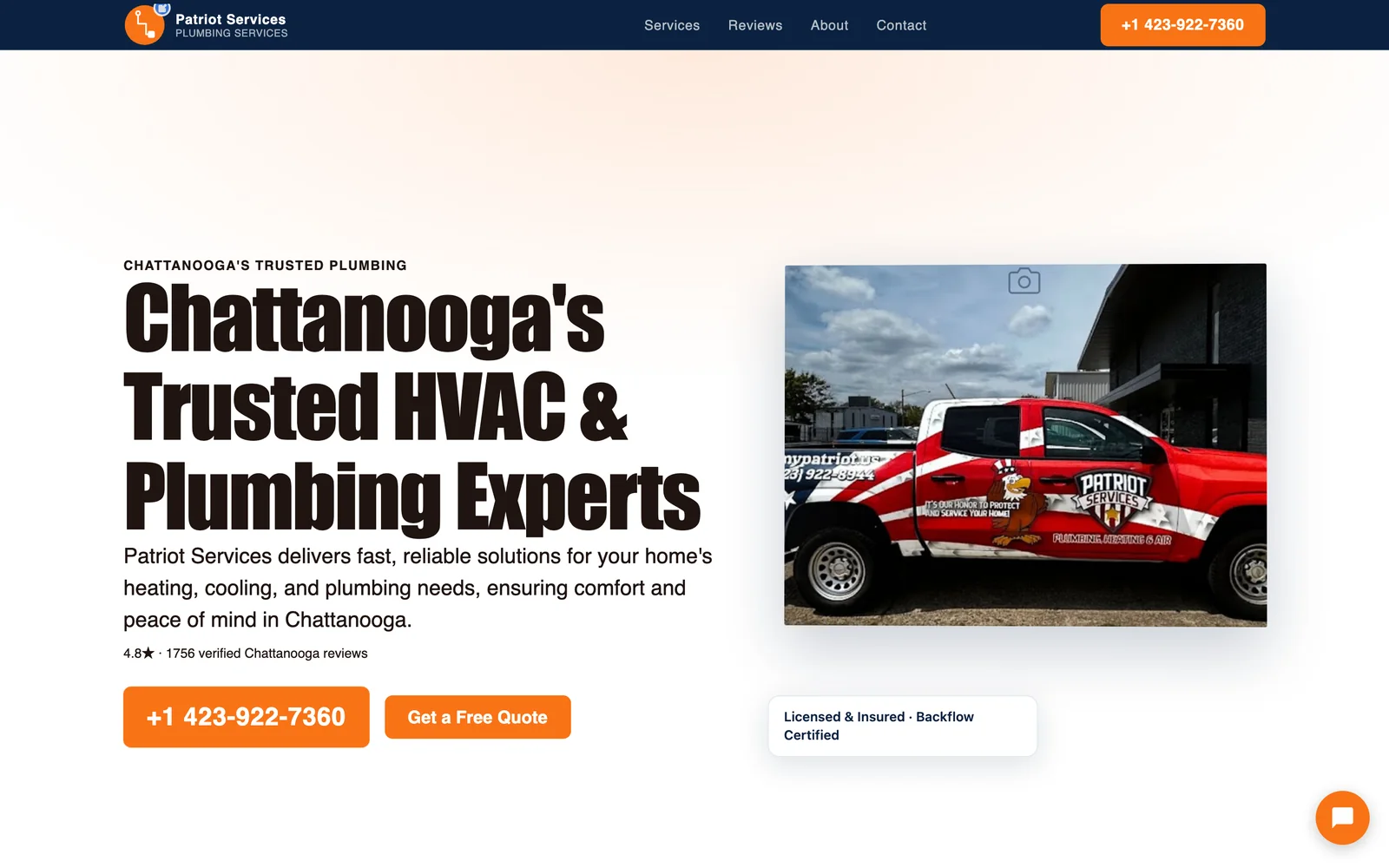 A live plumbing and HVAC website Neuro built — real photos, real reviews, and a call button right where a customer's thumb lands
