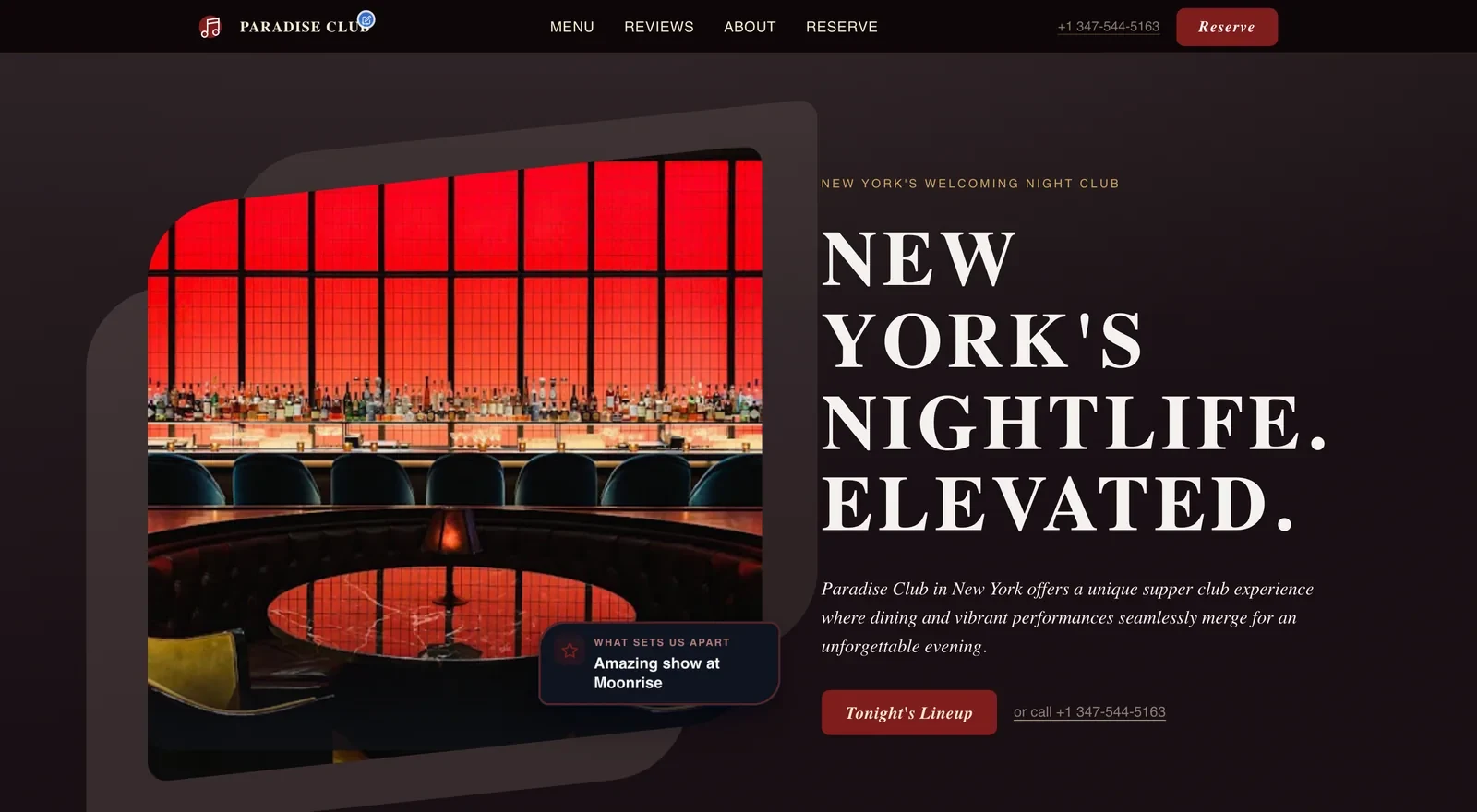 Night club website built by Neuro, with the venue's own interior photo, a supper-club introduction and a reservation call to action.