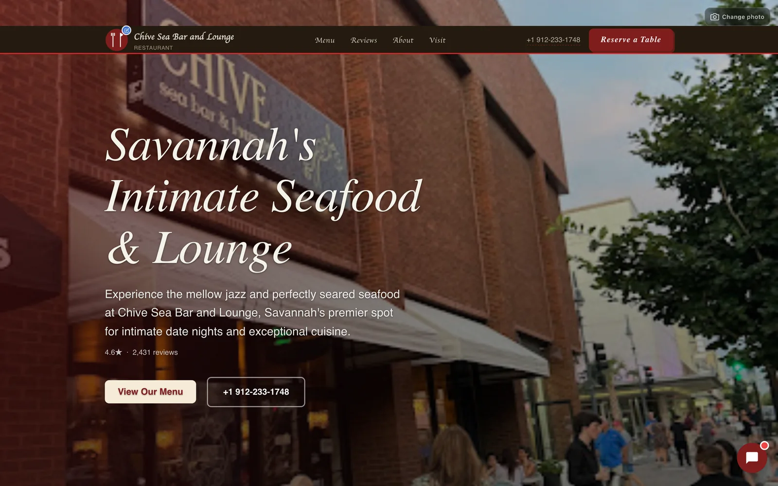 A live restaurant site Neuro built — real photos, real reviews, and a "reserve a table" button, ready in about a minute