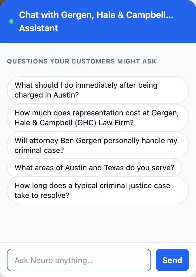 Close-up of the Neuro assistant showing the questions a law firm's clients actually ask