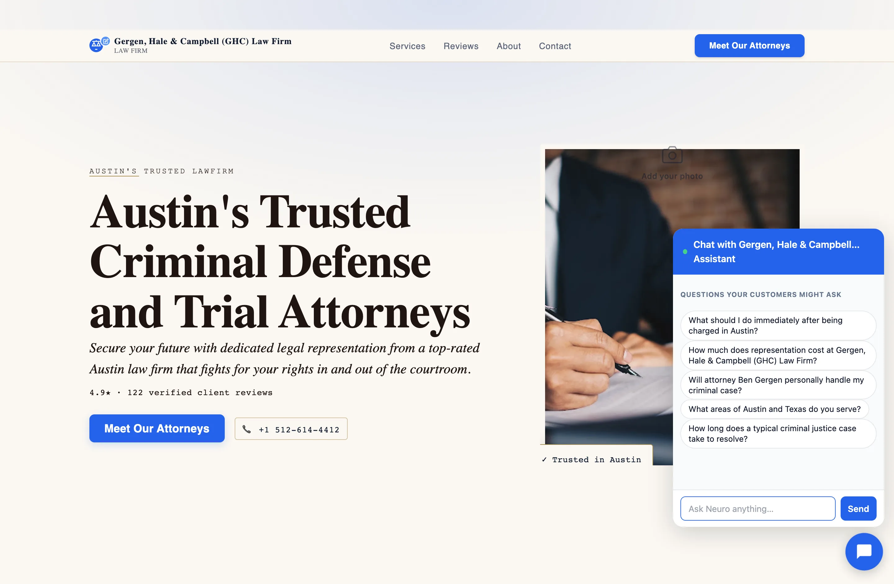 The Neuro assistant open on a live law-firm site, answering real client questions